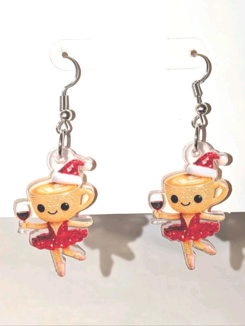 Hand Crafted Festive Coffee Cup Wine Glass Ballerina Dangle Earrings - Red
